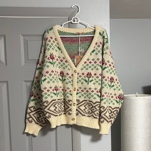 Chic Floral Knit Cardigan - Cream and Brown